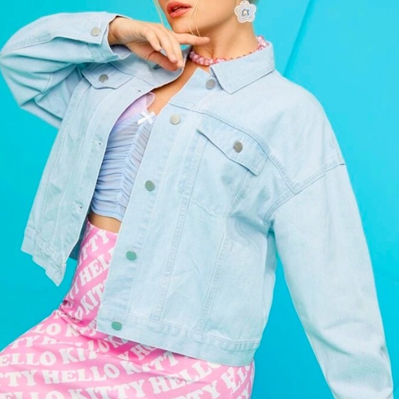 SHEIN X Hello Kitty And Friends & Letter Graphic Drop Shoulder Denim Jacket - Picture 4 of 4
